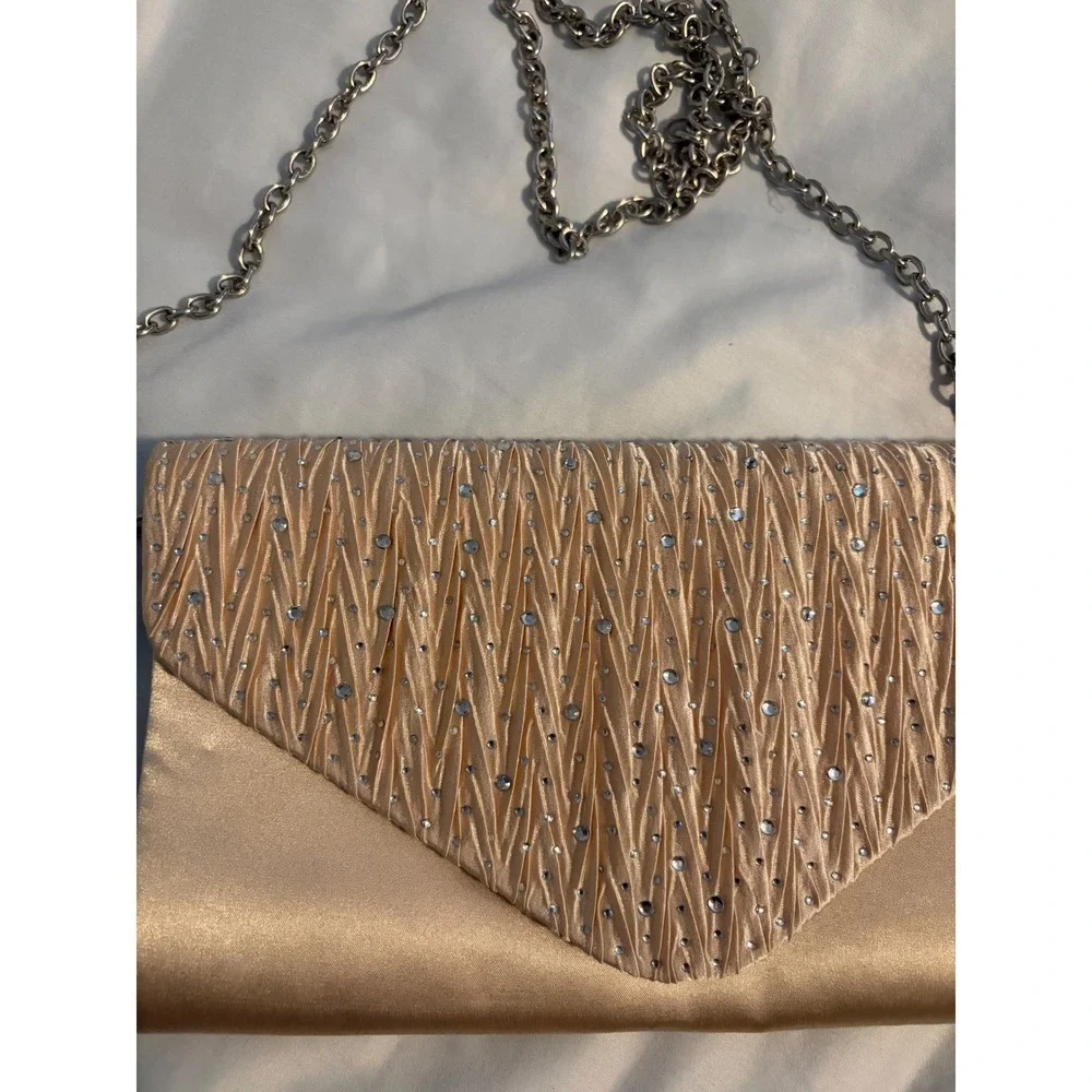 Champagne Satin Pleated Rhinestone Evening Clutch Bag with‎ Chain Strap Womens